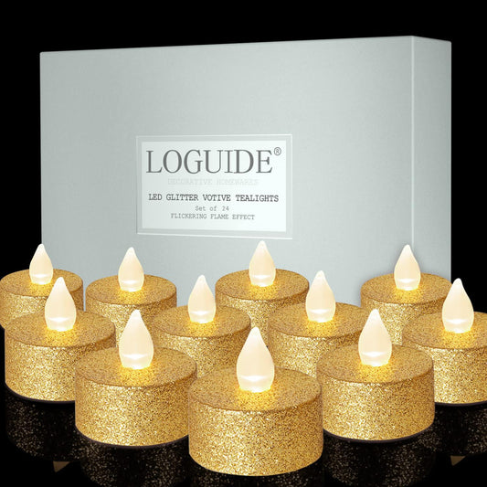 LOGUIDE Battery Operated LED Tea Lights,24 Pack Gold Flameless Votive Tealights Candle with Warm White Flickering light, Small Electric Fake Tea Candle Realistic for Wedding,Table,Festival Celebration