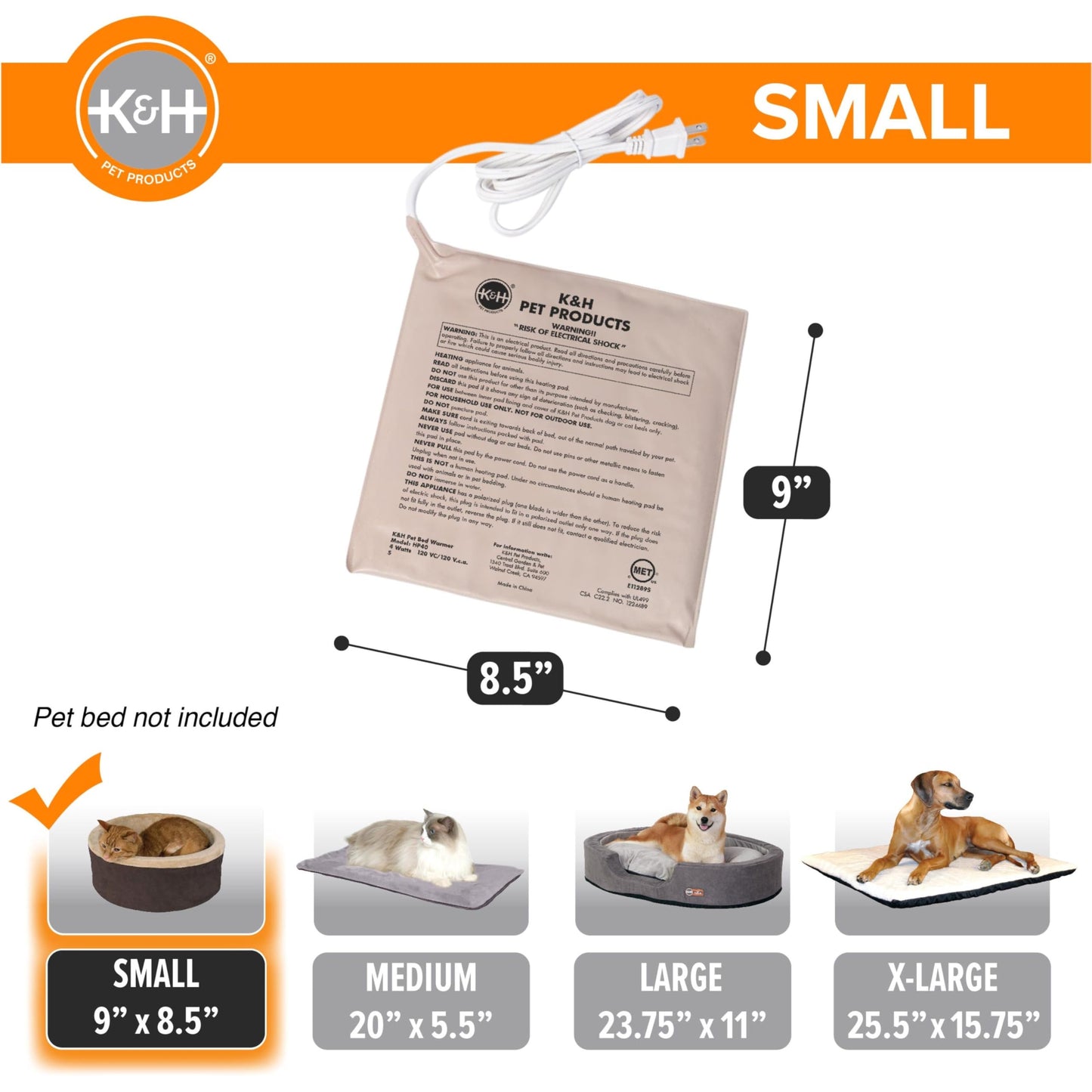 K&H Pet Products Pet Bed Warmer, Turn Any Pet Bed Into a Heated Cat or Dog Bed, Waterproof Indoor Heated Warming Pad Insert, Automatic Temperature, Safety Listed - Small 9 X 8.5in Tan