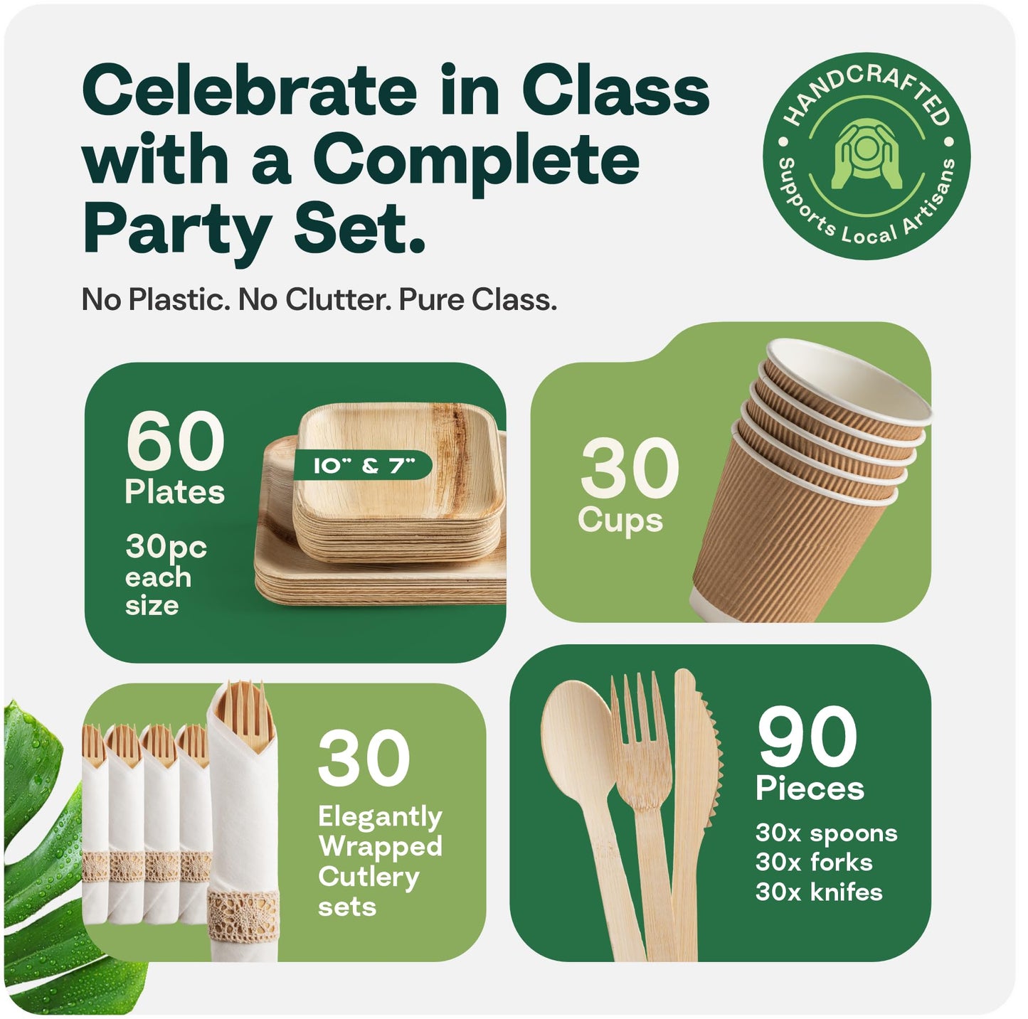 Palm Leaf Bamboo Plates & Pre-Rolled Bamboo Cutlery Party Set - 10 & 7'' Compostable Plates Elegant Pre-Rolled Utensils, Napkins , Cups for Weddings, Events, and Special Occasions For 30 Guests