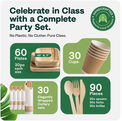 Palm Leaf Bamboo Plates & Pre-Rolled Bamboo Cutlery Party Set - 10 & 7'' Compostable Plates Elegant Pre-Rolled Utensils, Napkins , Cups for Weddings, Events, and Special Occasions For 30 Guests