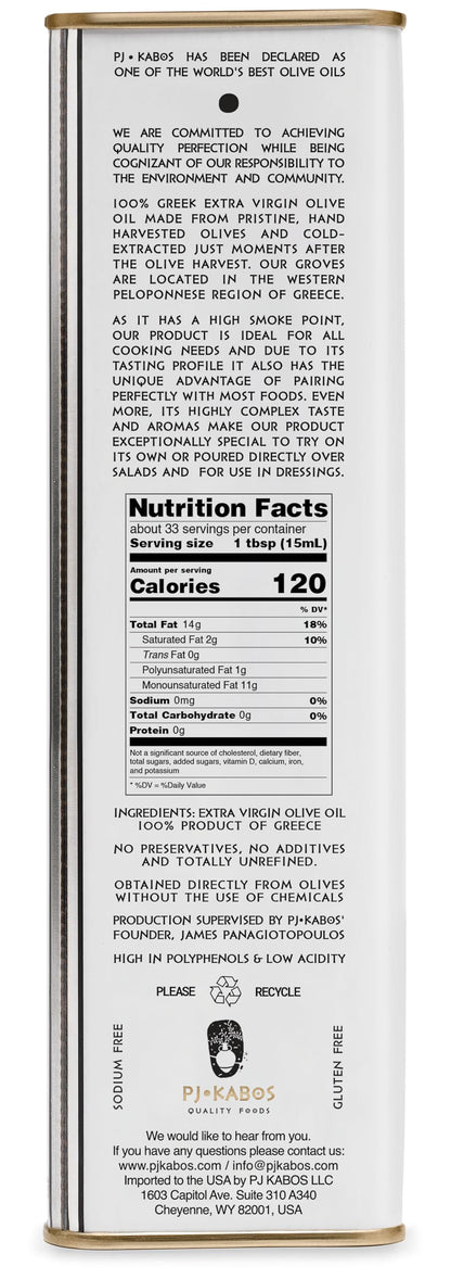 P.J. KABOS 2024/25 Harvest, High Phenolic (450+mg/kg), Premium Greek Extra Virgin Olive Oil, Kosher, Greece, Cold Extracted, 16.9 oz Tin, Koroneiki, "Family Reserve - Medium"