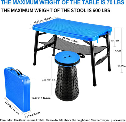 KPR Small Folding Table and Stool Set, Lightweight and Height Adjustable, Perfect for Camping, Picnic, Beach Also Ideal as Lap Desk, Bed Table, Portable Desk(Blue)