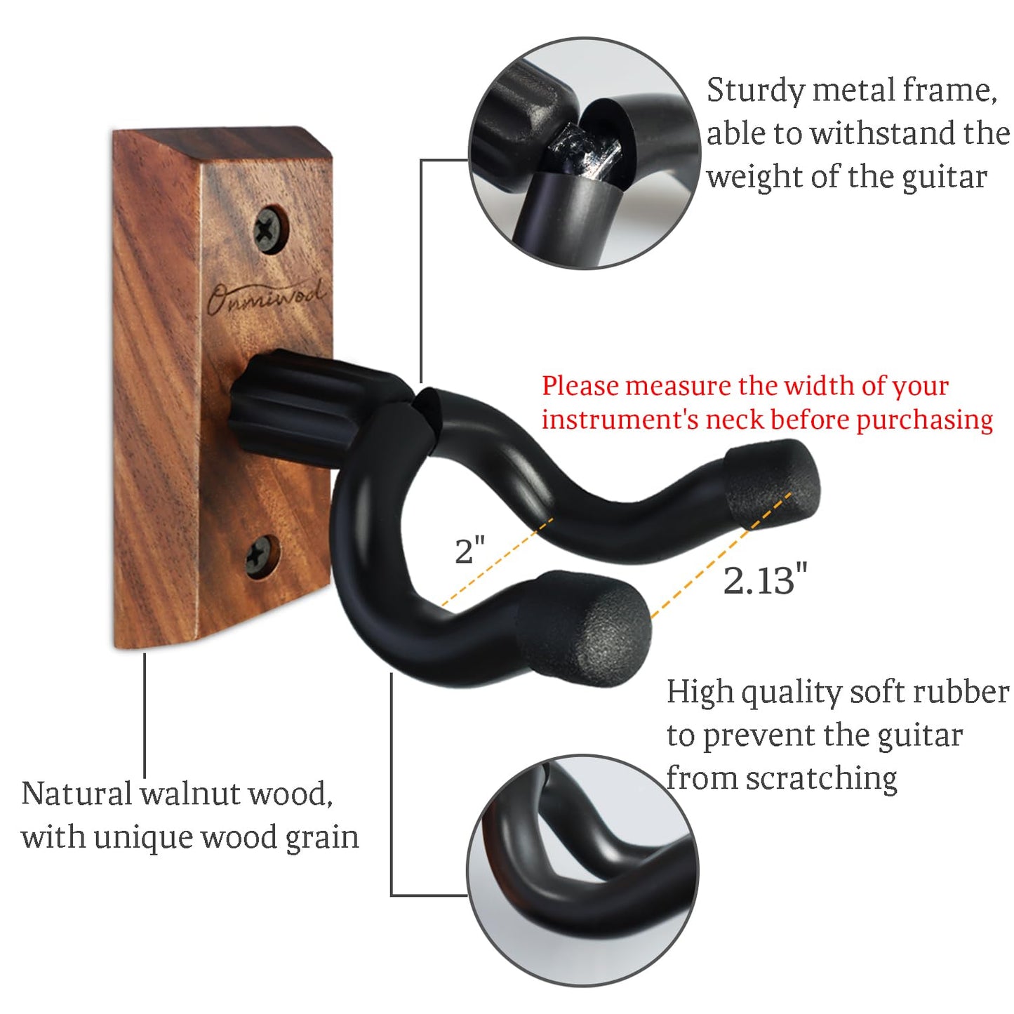 Onmiwod Guitar Wall Mount, Black Walnut Wood Guitar Hanger, U-Shaped Guitar Wall Hanger Mount, Guitar Holder Hook Stand Wall for Acoustic, Electric Guitar, Banjo, Bass, for Guitar Player Men Boy