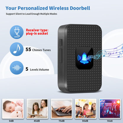Nestling® Wireless Doorbell Chime Kit-1000 Ft Range 55 Chimes 5 Adjustable Volume Led Flash, Plug and Play Waterproof Door Bell Kit with 1 Plug-in Receiver & 1 Button for Home Black