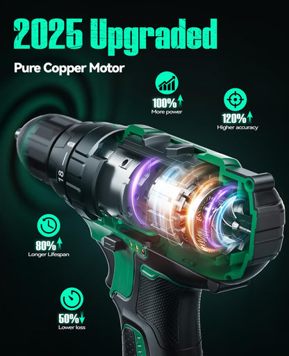 KIMO 20V Cordless Drill Set with 2 Packs 2.0Ah Battery, Max 350 In-lb Torque, 1350 RPM, 3/8" Keyless Chuck, 18+2 Clutch Setting, 18pcs Accessories, Power Drill for Drilling Wood Bricks Walls Metal