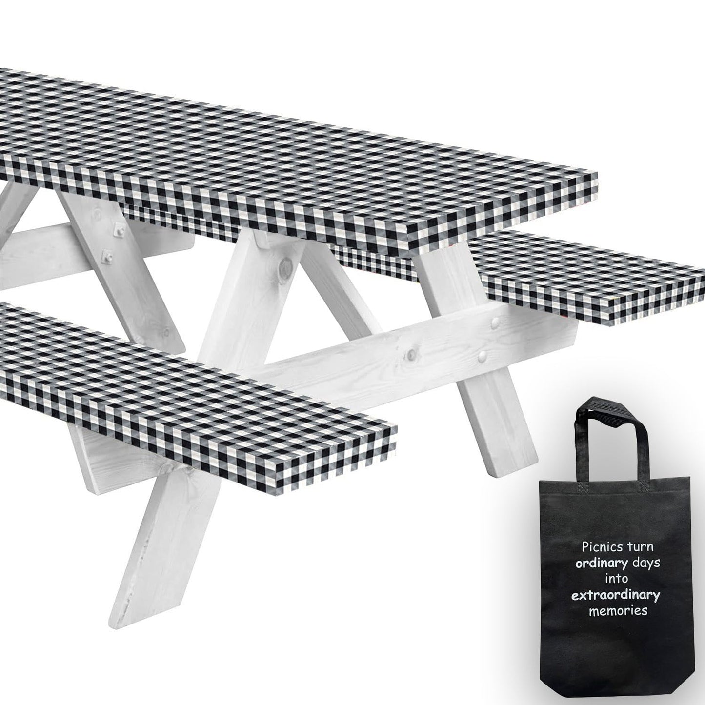 LINPRO 8ft Picnic Table Cover with Bench Covers Vinyl Fitted Picnic Table Covers with Elastic Camping Essentials and Picnic Tablecloth and RV Accessories with Bag