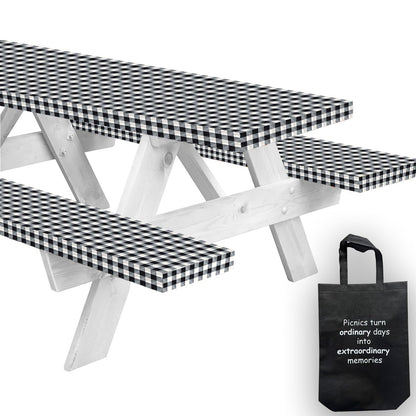 LINPRO 8ft Picnic Table Cover with Bench Covers Vinyl Fitted Picnic Table Covers with Elastic Camping Essentials and Picnic Tablecloth and RV Accessories with Bag