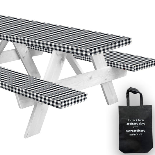 LINPRO 8ft Picnic Table Cover with Bench Covers Vinyl Fitted Picnic Table Covers with Elastic Camping Essentials and Picnic Tablecloth and RV Accessories with Bag