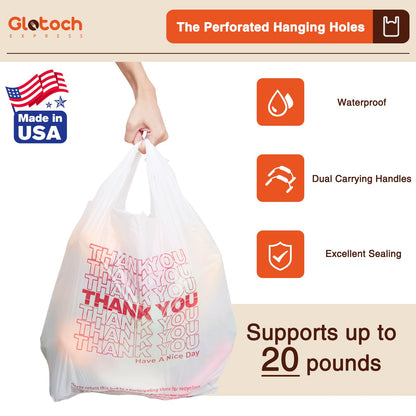 Glotoch Plastic Thank You Bags 1000 Count, 12" x 6.5" x 21" White Grocery Bags with Handles for Restaurant, Retail, Grocery Store, Takeout, Convenience Stores, T-shirt Shopping Bag in Bulk