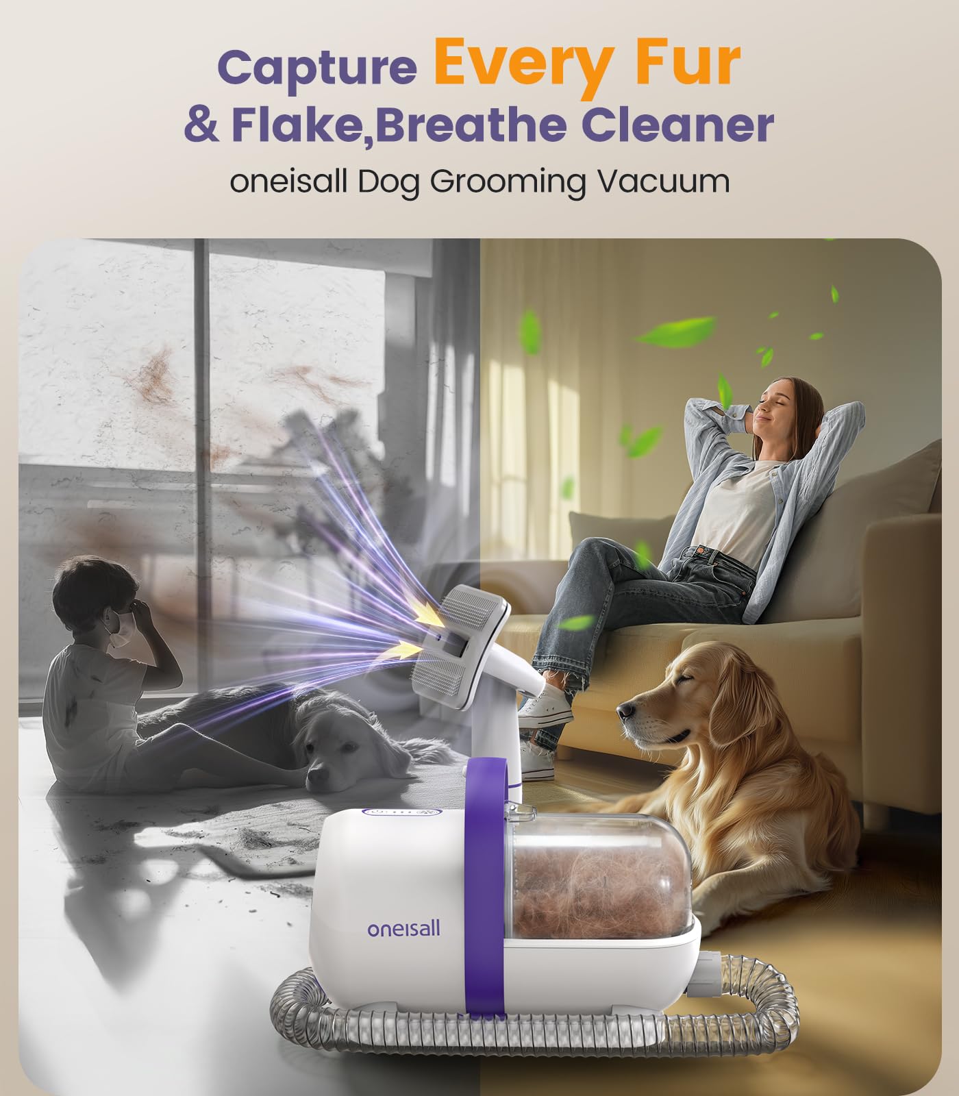 oneisall Dog Hair Vacuum & Dog Grooming Kit/Low Noise Dog Grooming Vacuum12kpa,Dog Vacuum for Shedding Grooming for Pet Hair&Home Cleaning