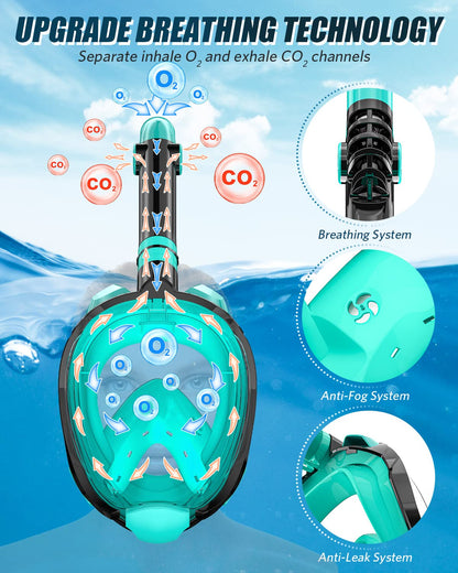 QingSong Full Face Snorkel Mask for Adults, Snorkeling Gear with Camera Mount, 180 Degree Panoramic View Snorkel Set Anti-Fog Anti-Leak