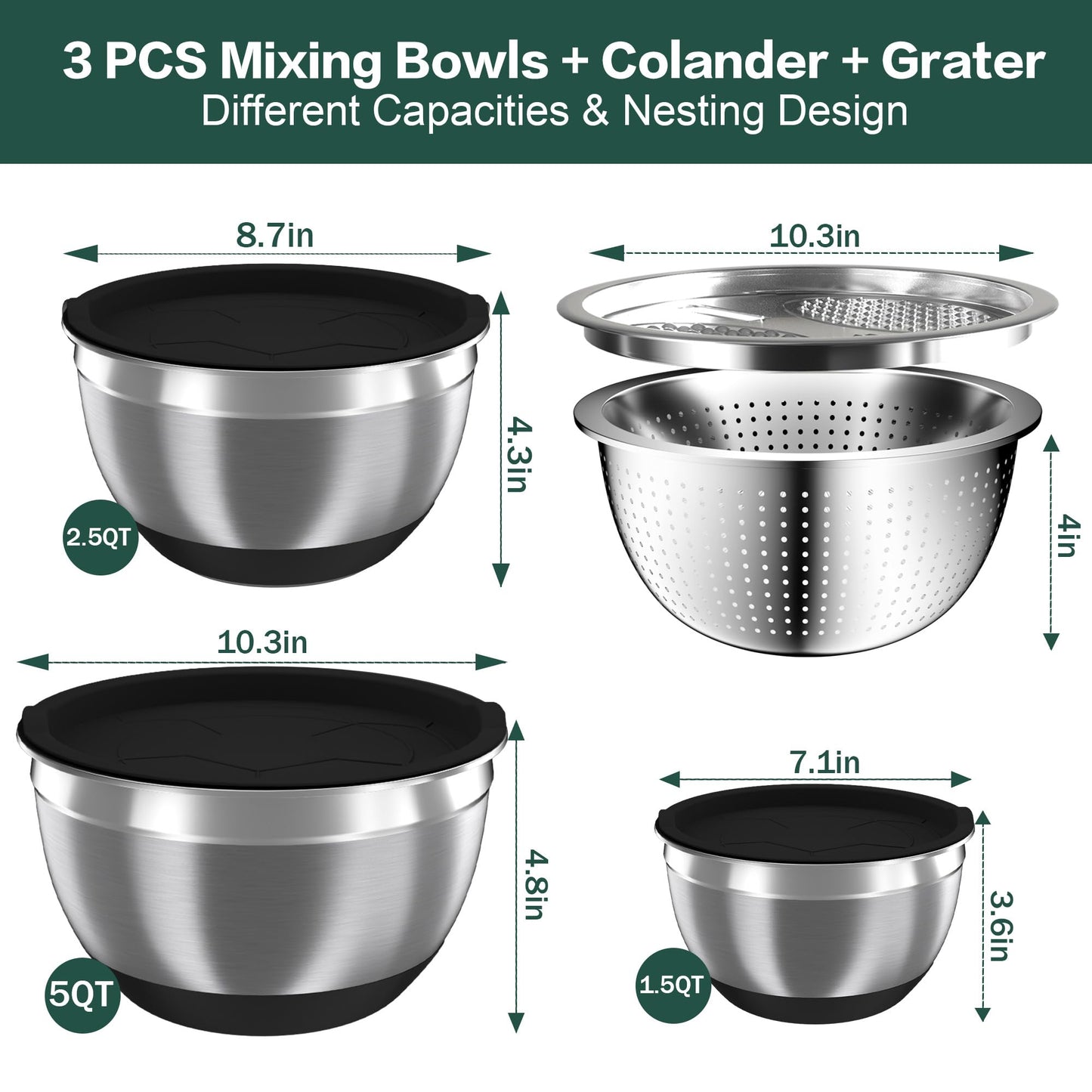 Mixing Bowls with Airtight Lids, Stainless Steel Mixing Bowl Set with 3 Metal Nesting Bowls, Colander & Grater, Non-Slip Bottoms, Size 1.5, 2.5, 5 QT, Great for Mixing & Serving, Black