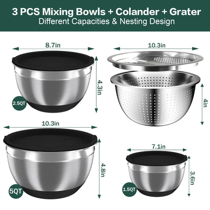 Mixing Bowls with Airtight Lids, Stainless Steel Mixing Bowl Set with 3 Metal Nesting Bowls, Colander & Grater, Non-Slip Bottoms, Size 1.5, 2.5, 5 QT, Great for Mixing & Serving, Black