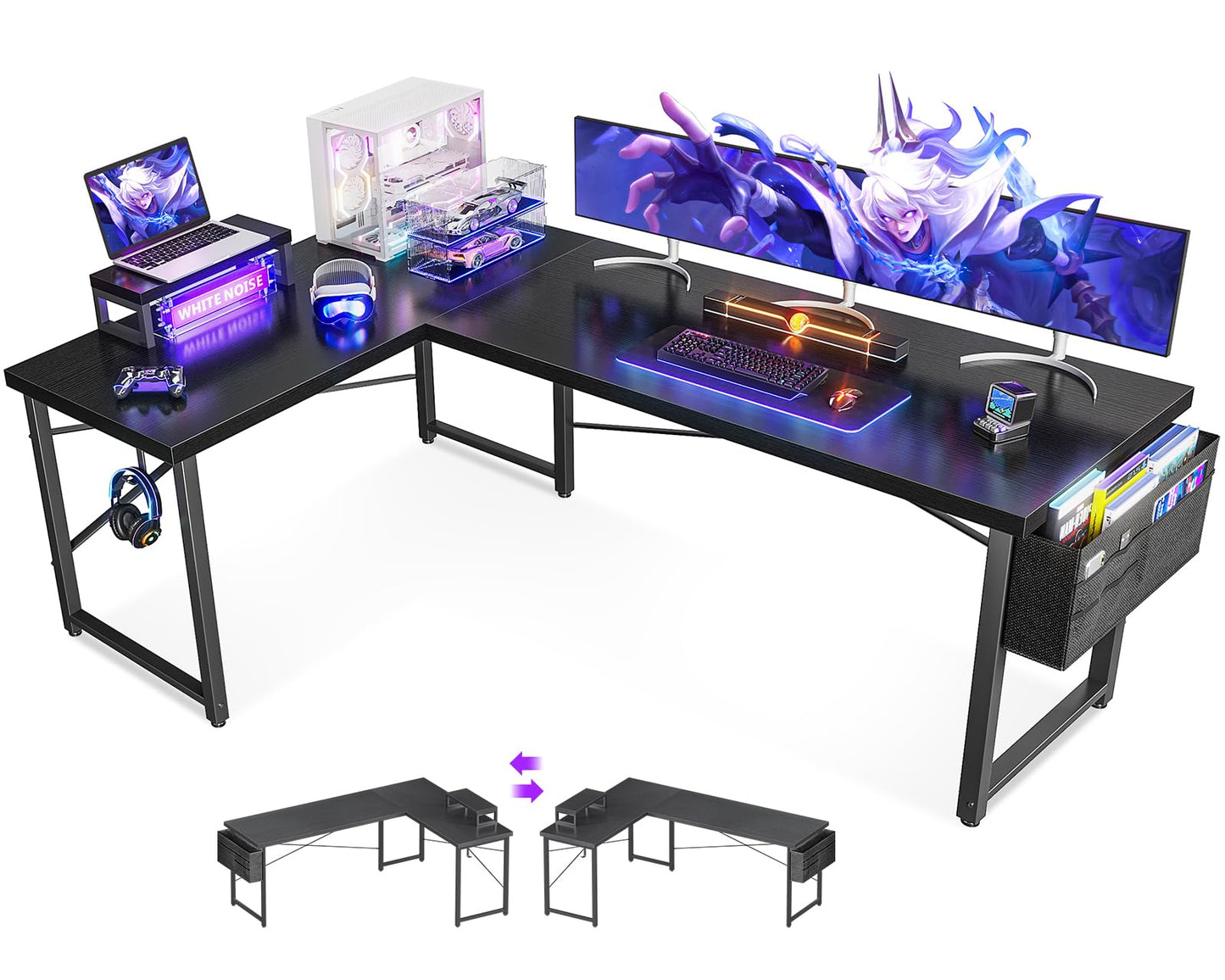 ODK L Shaped Desk, 66" Computer Corner Desk, Gaming Desk, Home Office Writing Desk with Monitor Shelf, Space-Saving Workstation Desk, Modern Simple Wooden Table, Easy to Assemble, Black