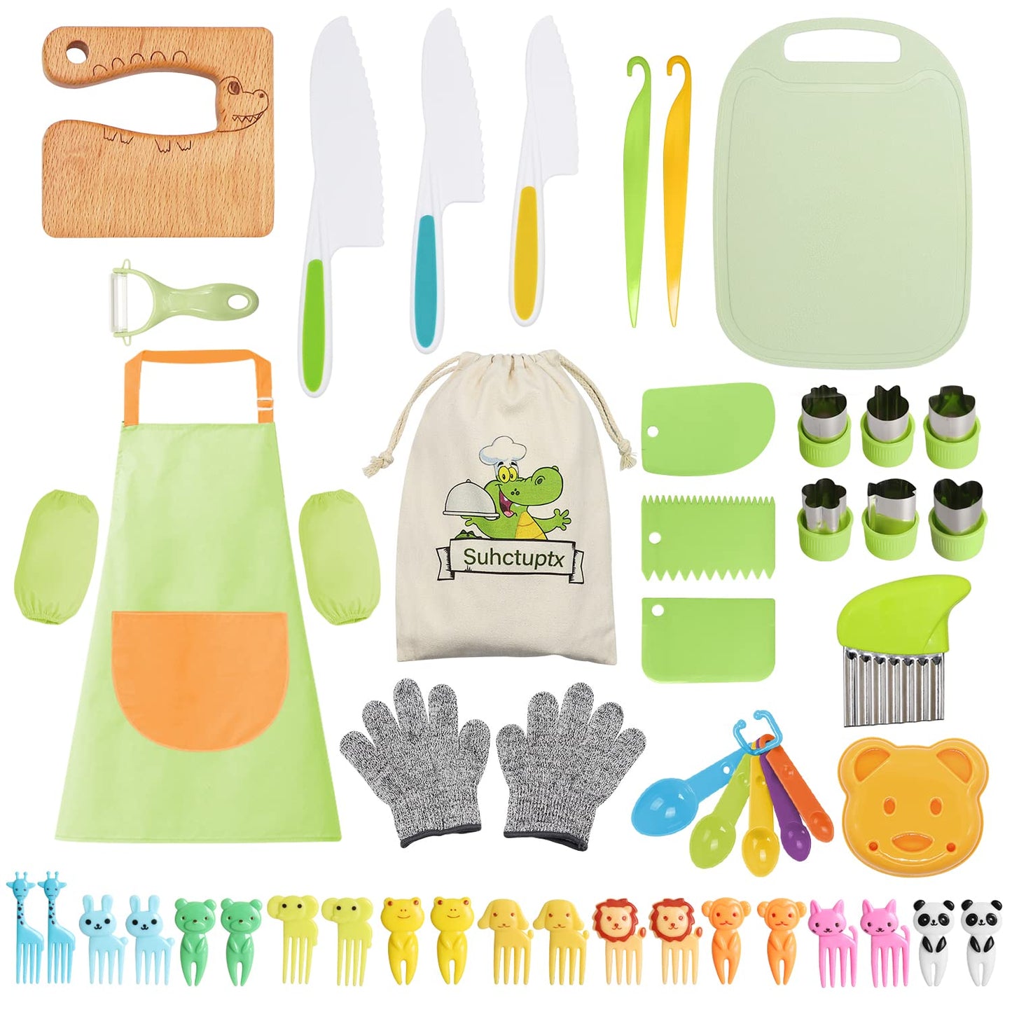 50PCS Kids Kitchen Cooking Set - Crocodile Wooden Kid Safe Knife Cutting Board Apron Gloves Fruit Vegetable Crinkle Cutters Peeler Serrated Edges Plastic Toddlers Knives, Kids Knifes for Real Cooking