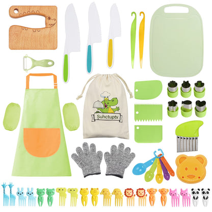 50PCS Kids Kitchen Cooking Set - Crocodile Wooden Kid Safe Knife Cutting Board Apron Gloves Fruit Vegetable Crinkle Cutters Peeler Serrated Edges Plastic Toddlers Knives, Kids Knifes for Real Cooking