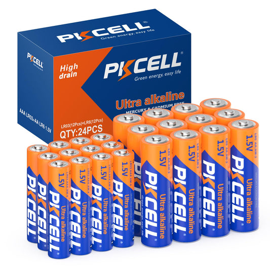 PKCELL AA AAA Batteries Combo Pack 24 Count - 12 Double AA Batteries and 12 Triple AAA Batteries, 1.5V High-Performance Alkaline Batteries Value Pack, 10-Year Shelf Life