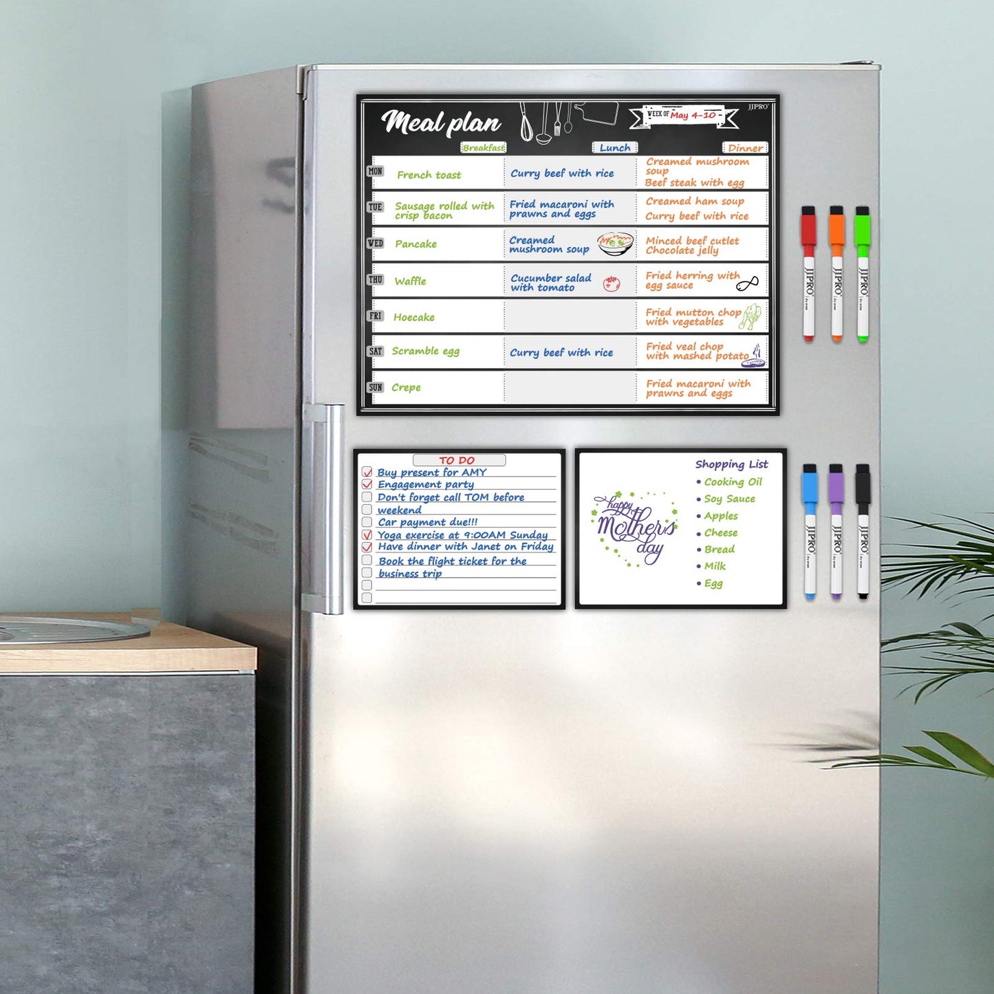 JJPRO Magnetic Dry Erase Meal Planning Whiteboard for Refrigerator-One 14.5x11 Weekly Menu Board and Two Notes Whiteboard for Kitchen Fridge-Refrigerator Organizer with Meal Planner Boards