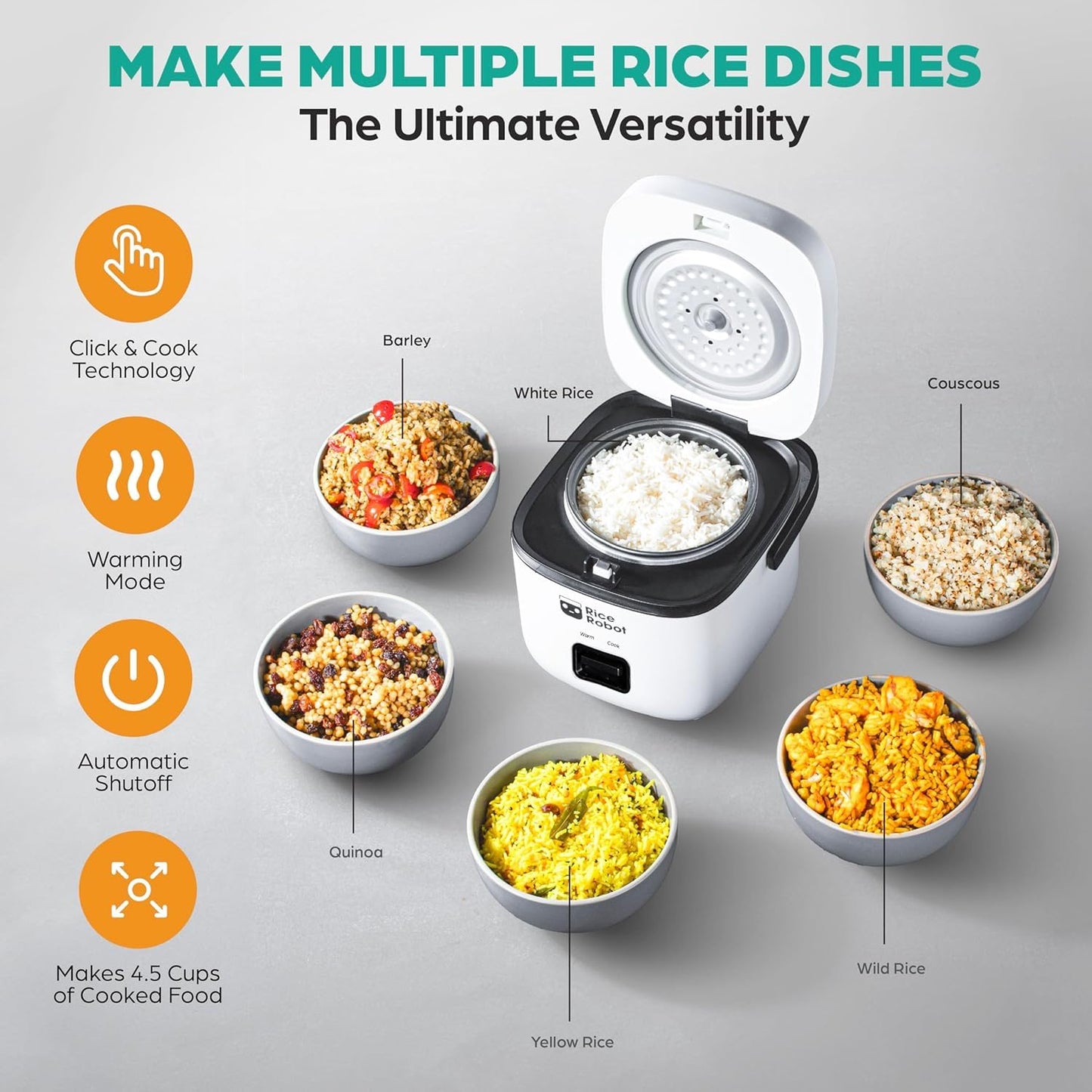 Rice Robot Personal Rice Cooker, PFAS-free, Nonstick. 1 Quart Capacity, with Stainless Steel Steamer Tray, Measuring Cups, Recipe Book with 60 Recipes, and Serving Spoon, As Seen On TV