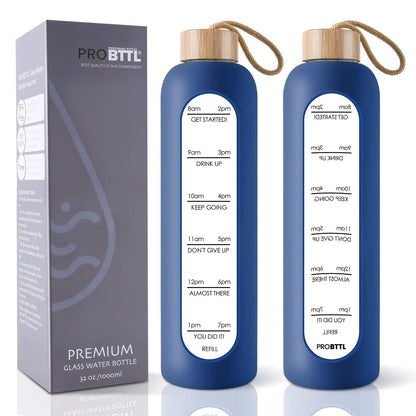 PROBTTL 32 Oz Borosilicate Glass Water Bottle with Time Marker Reminder Quotes, 1 Liter Leak Proof Reusable BPA Free Motivational Water Bottles with Silicone Sleeve and Bamboo Lid (Navy Blue)