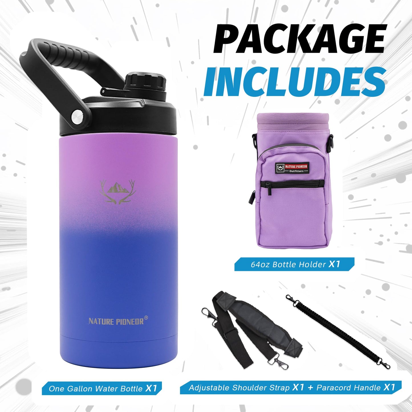 NATURE PIONEOR Insulated Water Bottles with Strap - 64 oz Stainless Steel Vacuum Wide Mouth Bottle with Holder/Carrier/Sleeve - 18/8 Food Grade 64oz Half Gallon Water Jug