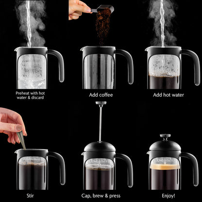 OVENTE French Press Coffee Maker 12 Ounce with Heat Resistant Borosilicate Glass & Stainless Steel 4-Level Filtration System, Portable Cold Brew Coffee Maker for Travel, Camping or Gift, Black FPB12B