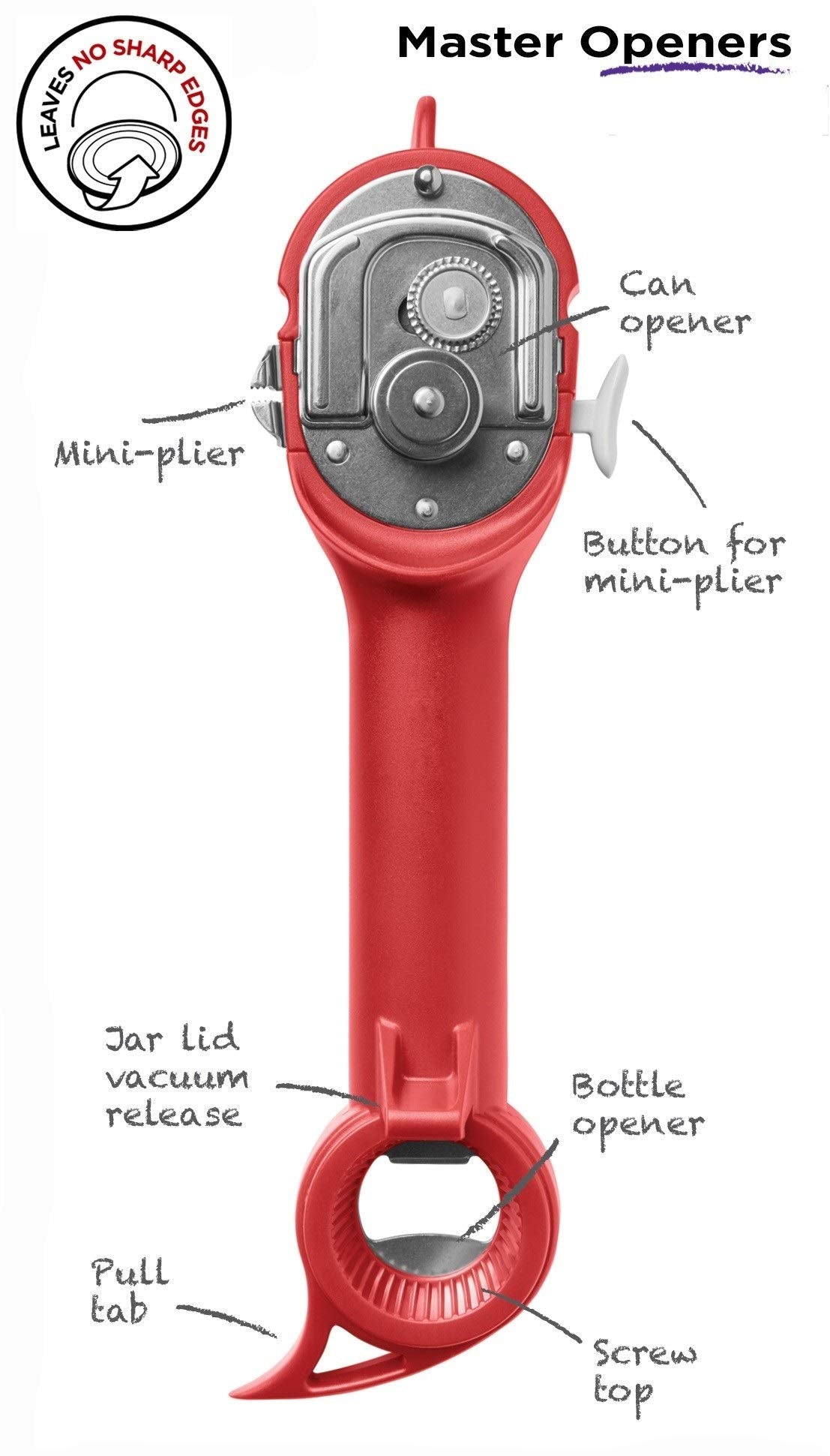 Kuhn Rikon Auto Safety Master Opener for Cans, Bottles and Jars, 9 x 2.75 inches, Red