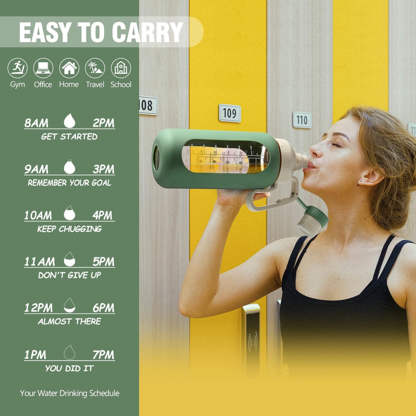 MUKOKO 64oz Glass Water Bottles with Straw, Half Gallon Water Jug with Time Marker, Sports Large Motivational Bottle with Silicone Sleeve, Olive