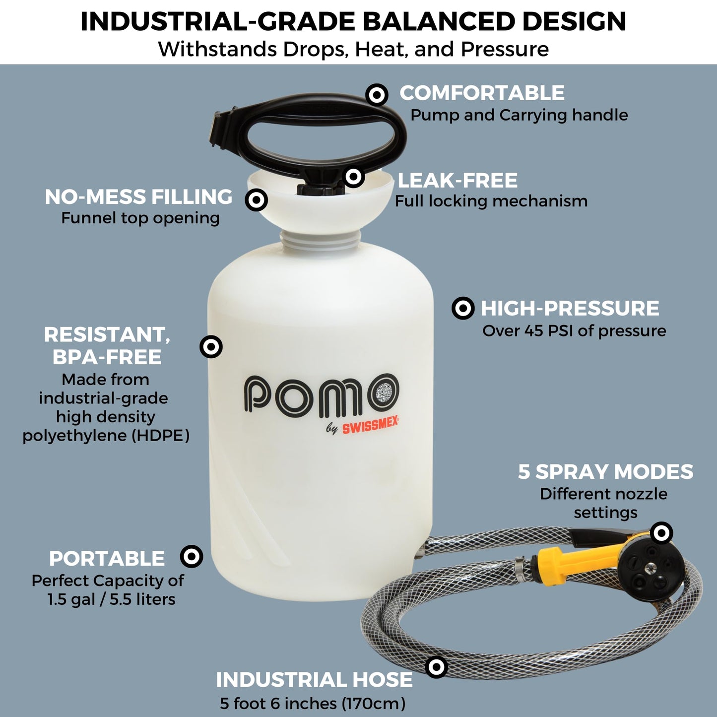 Pomo High Pressure 5L Portable Shower, Outdoor Shower, Camping Shower, Surf Rinse Kit, Beach Shower, Dog Wash, Boat Rinse, Car Shower, 1.5 Gallon Multi-use Sprayer, Hand Pump 45 PSI - No Power Needed!