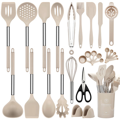 NCUE Kitchen Utensils Set, 28 Pcs Silicone Cooking Utensils Set with Holder, Spatula Set, Silicone Whisk, Scissors, Measuring Cups and Spoons Set with Stainless Steel Handle Kitchen Gadgets (Khaki)