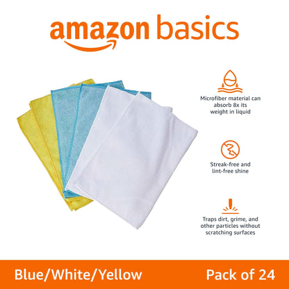Amazon Basics Microfiber Cleaning Cloths, Ultra Absorbent, Lint Free, Streak Free, Non-Abrasive, Reusable and Washable, 16" x 12", Blue/White/Yellow, Pack of 24