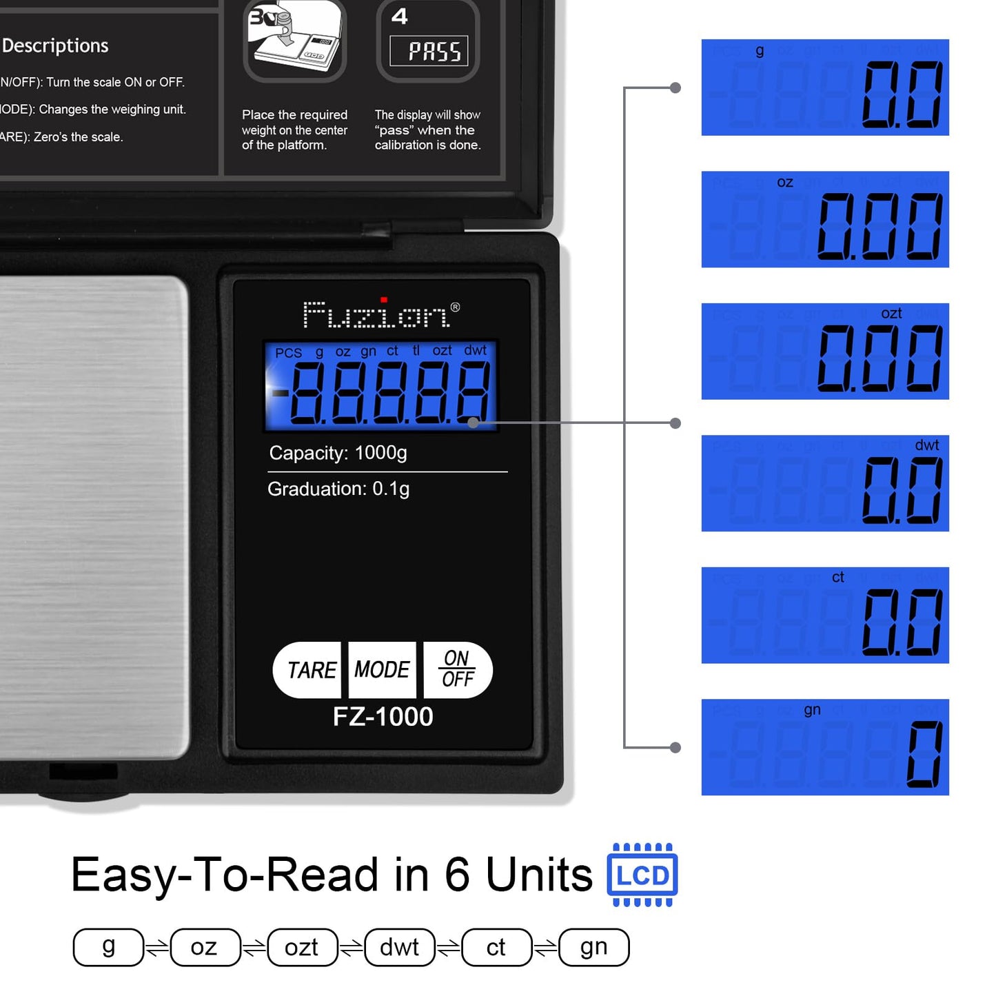Fuzion Digital Pocket Gram Scale 1000g/0.1g, Small Digital Scales Grams Ounces Grains, Herb Scale, Jewelry Scale, Portable Travel Food Scale