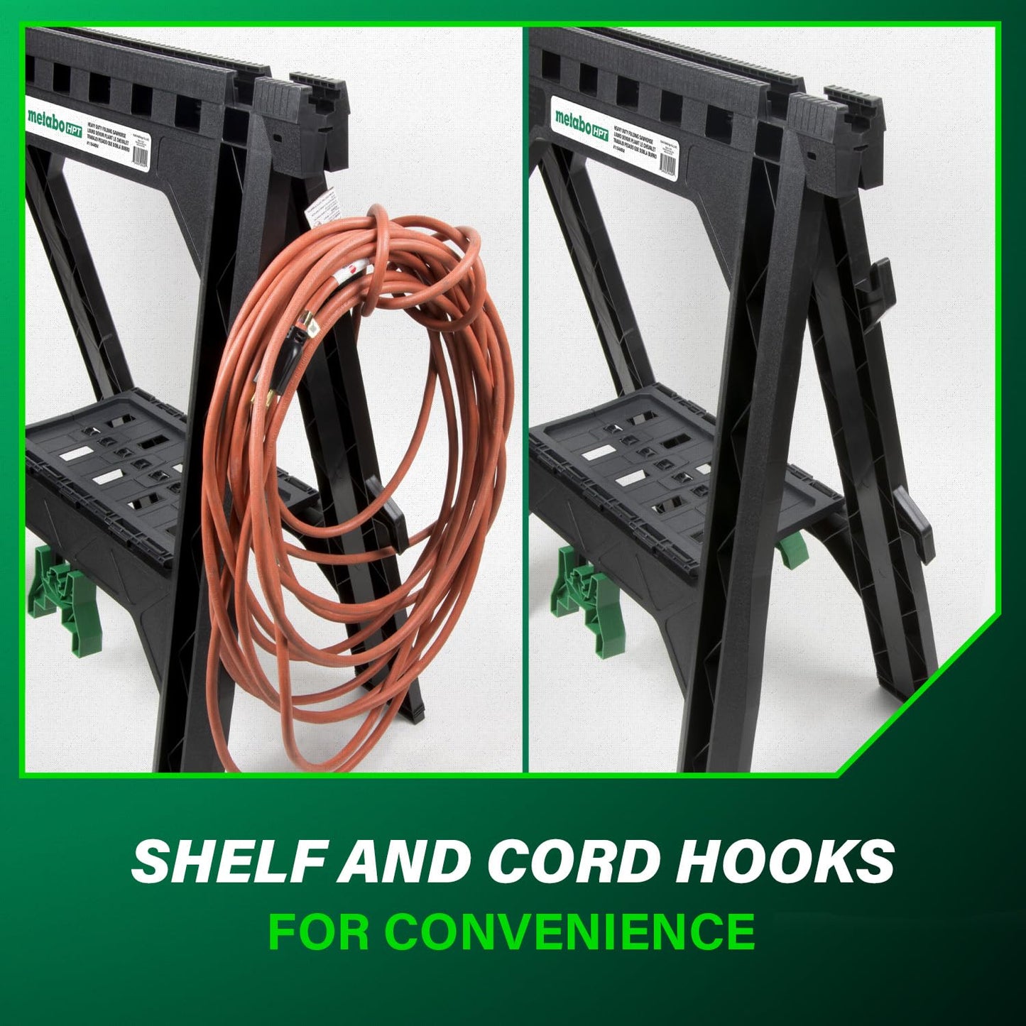 Metabo HPT Folding Sawhorses, 2-Pack, Lightweight Design, 1,200 lbs Capacity, Includes 4 Sawbucks, Ideal for Extra Workstations, Non-Skid Feet for Stability, Built-In Shelf and Cord Hooks, 115445M