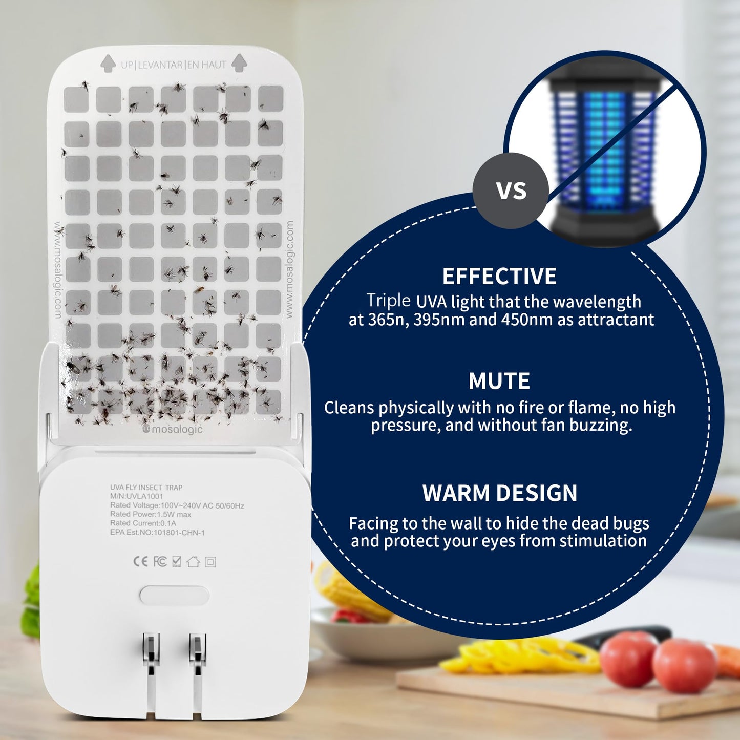 Mosalogic Fruit Fly Traps for House Use Gnat Trap Flying Insect Trapper Plug-in Mosquito Killer Indoor Gnat Moth Catcher Fly Tapper with Night Light UV Attractant Catcher for Home Office White-1PACK