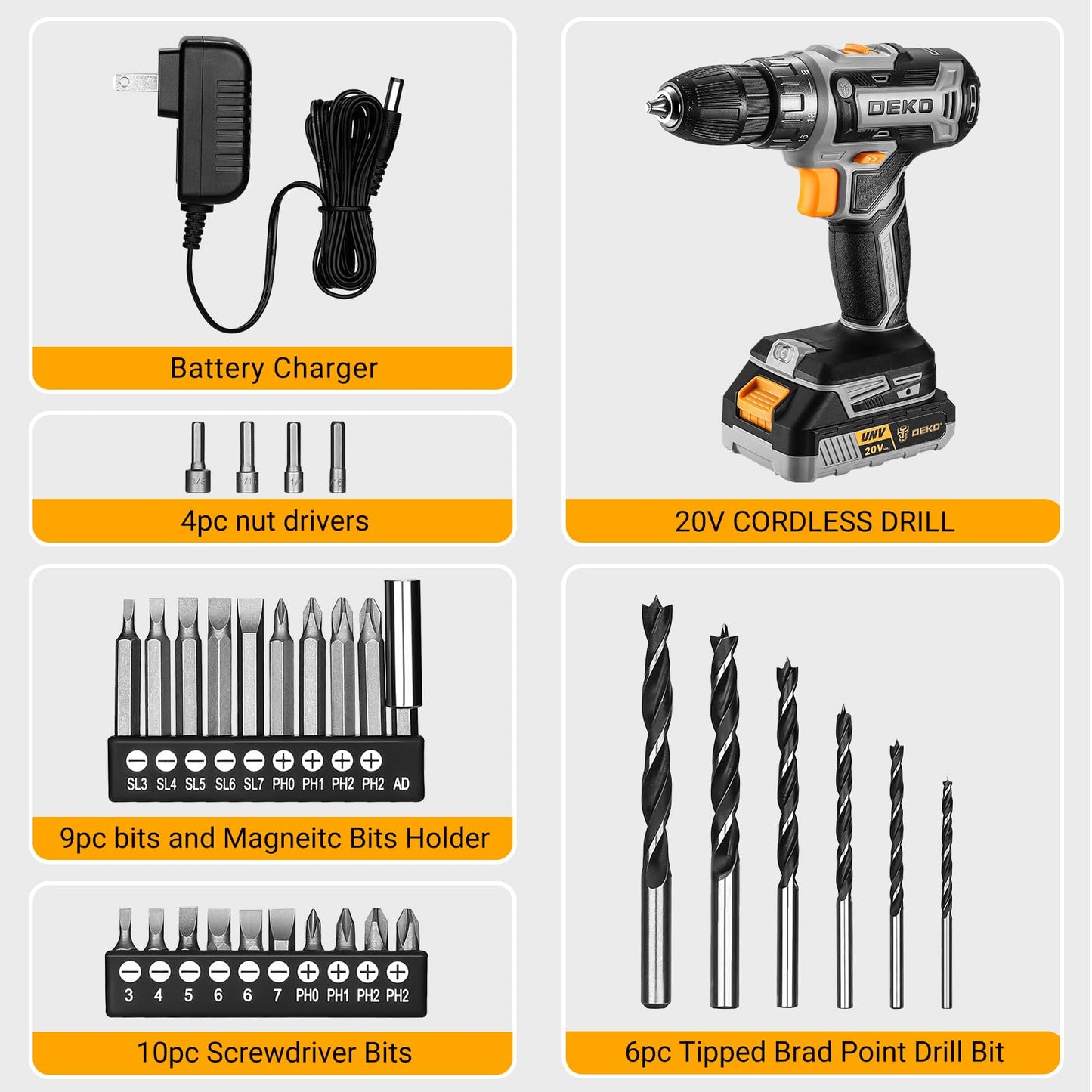 Power Drill Cordless: DEKO PRO Cordless Drill 20V Electric Power Drills Set Tool Drills Cord-less Set with Battery and Charger