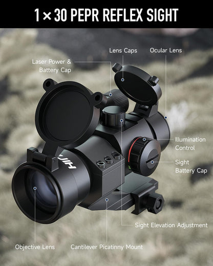 Hiram 1X30 4 MOA Green Red Dot Sight for Rifles with Green Laser, Picatinny Cantilever PEPR Mount
