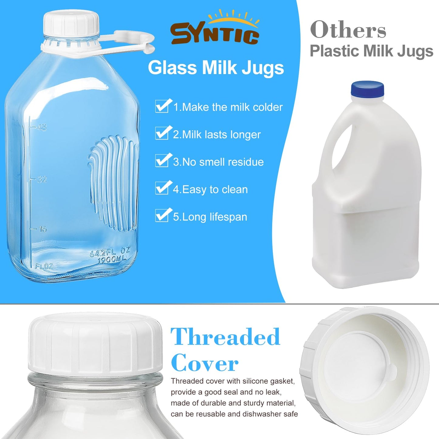 3 Pack 2 Qt Glass Water Bottles with Handle and Airtight Reusable SCREW LID - 64 Oz Juice Jugs, 1/2 Gallon Glass Milk Container for Fridge, Breast Milk Jug Pitcher with Scales, Extra Lids & Handles