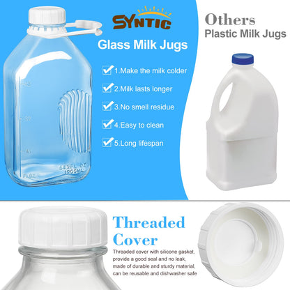 3 Pack 2 Qt Glass Water Bottles with Handle and Airtight Reusable SCREW LID - 64 Oz Juice Jugs, 1/2 Gallon Glass Milk Container for Fridge, Breast Milk Jug Pitcher with Scales, Extra Lids & Handles