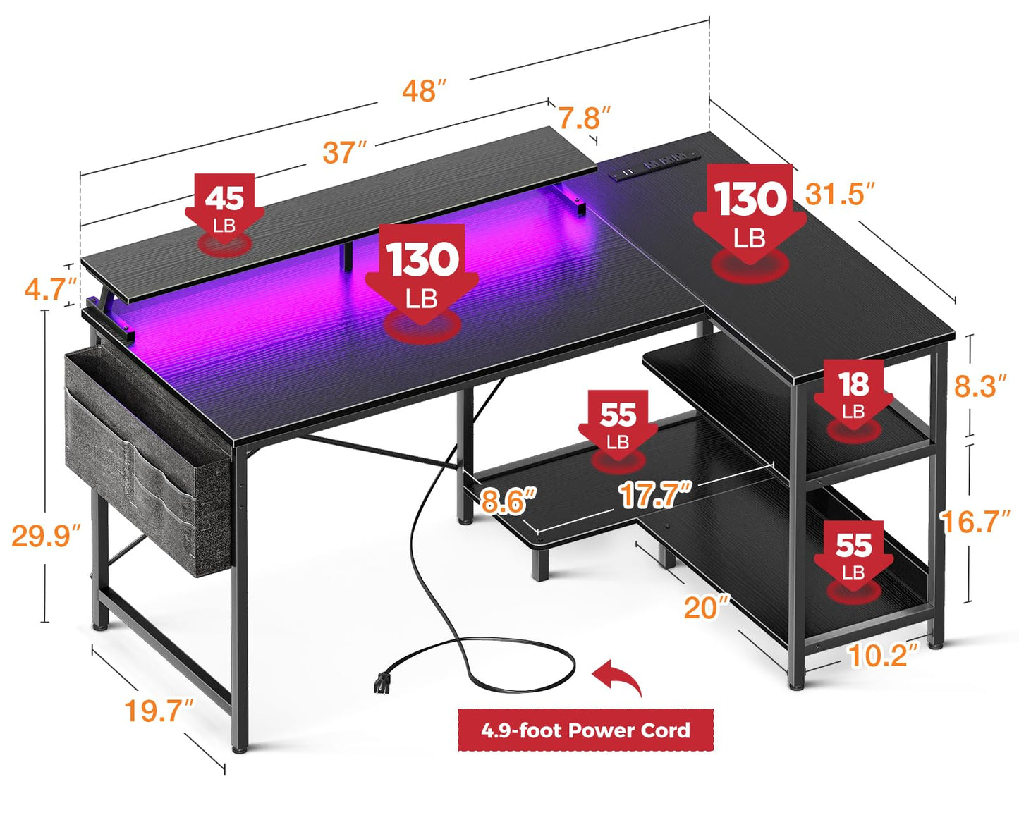 ODK 48 Inch Gaming Desk with USB Charging Ports and LED Lights, Reversible L Shaped Computer Desk with Storage Shelves & Monitor Stand, Corner Gamer Desk Table with Power Outlets, Black