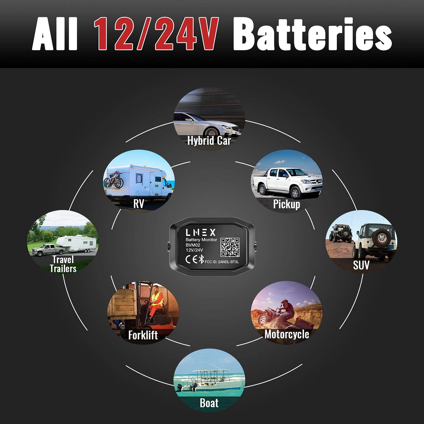 LNEX Bluetooth Battery Monitor，Wireless 12V 24V Automotive Battery Load Tester with Charging & Cranking Test & Alarm for Solar Power Systems/RVs/Motorcycles/Boats/Cars/Trucks