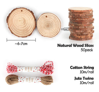 50Pcs Wood Slices 2.4"-2.8" Unfinished Wood Rounds with Pre-drilled Hole and 66Feet Twine String, Natural Wood for Crafts for Home Decor Painting DIY Christmas Ornaments Party Wedding Decor