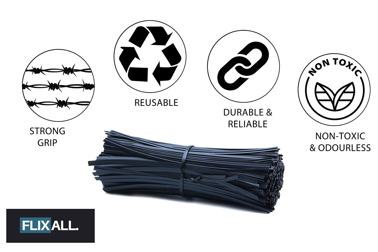 Flixall. 5 inches Twist Ties Pack of 250 - Premium Quality Reusable Black Plastic Coated Ties for Household and Office use