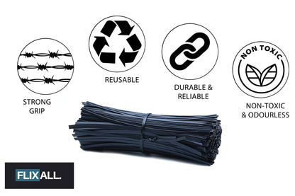Flixall. 5 inches Twist Ties Pack of 250 - Premium Quality Reusable Black Plastic Coated Ties for Household and Office use