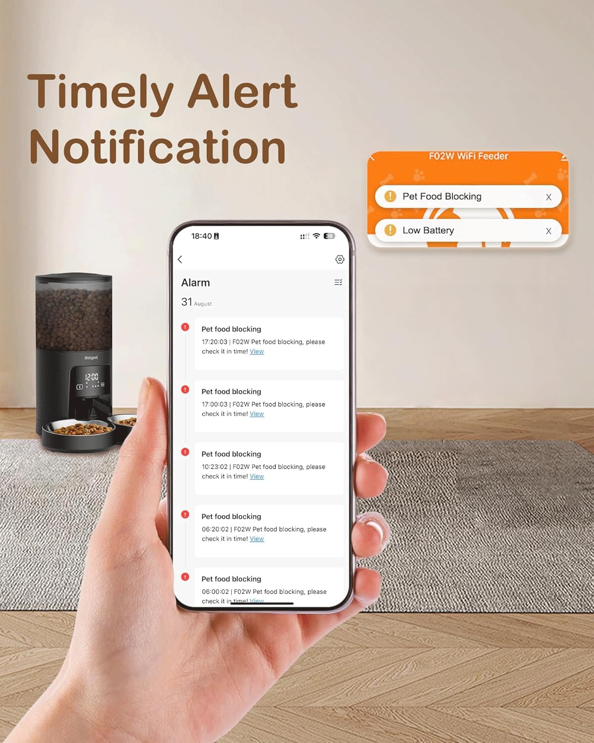 Molypet Automatic Cat Feeder 2 Cats - 5G WiFi Pet Feeder with APP Control, 6L Dry Food Dog Feeder with Blockage Alarms, 1-10 Meals Per Day