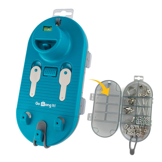 Go Hang It! Pro, All-in-One Picture Hanging Kit - Picture Leveling and Hanging Tool - Hang Sawtooth/Wire Hangers - Wall Hanging Kit and Level Tool - Hardware Case with 85-Piece Hanging Essentials