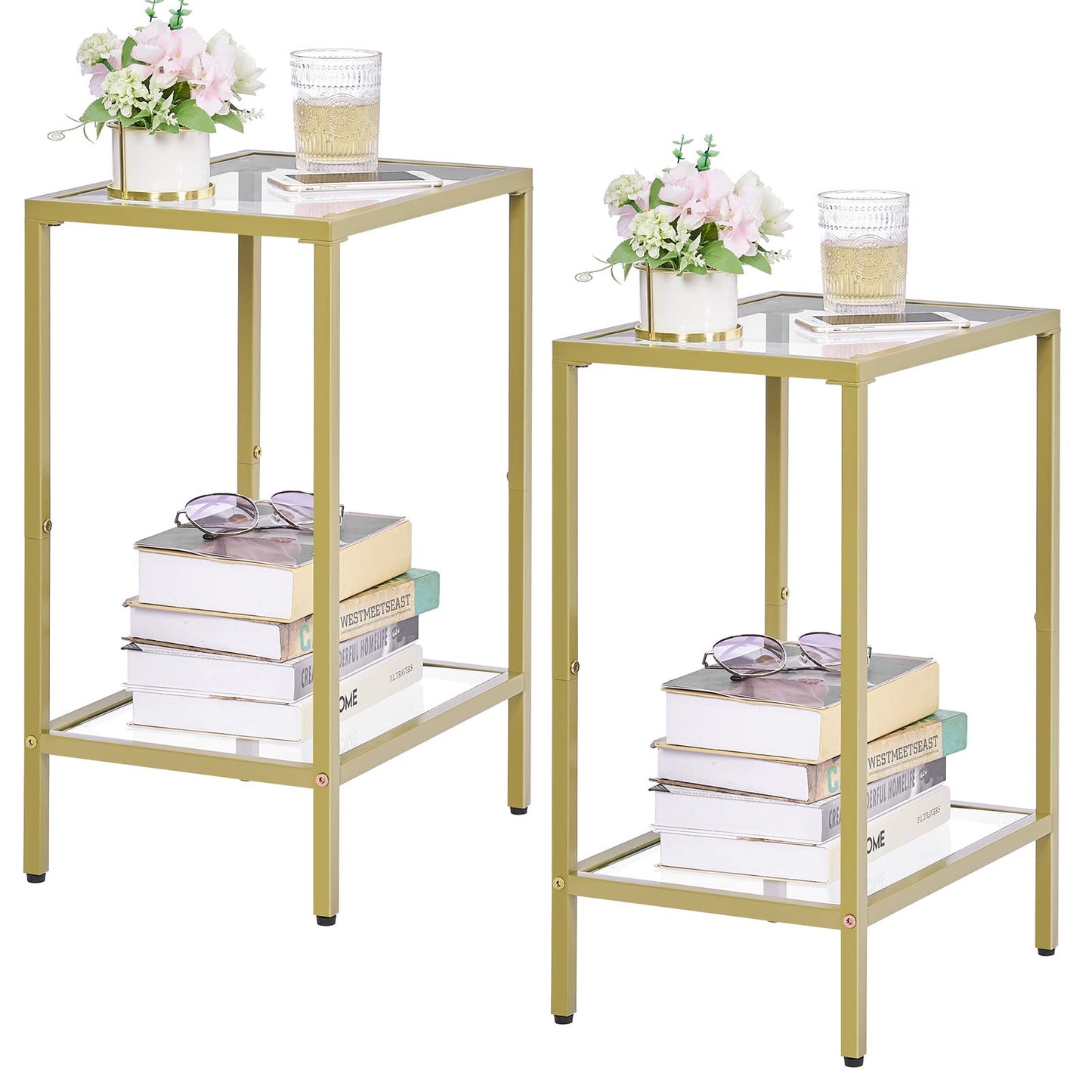 HOMSHO Side Tables Set of 2, End Tables with Tempered Glass, 2-Tier Nightstands with Storage Shelves, Coffee Table with Modern Style, Slim Sofa Table for Living Room, Bedroom, 11.8" D x 15" W, Golden