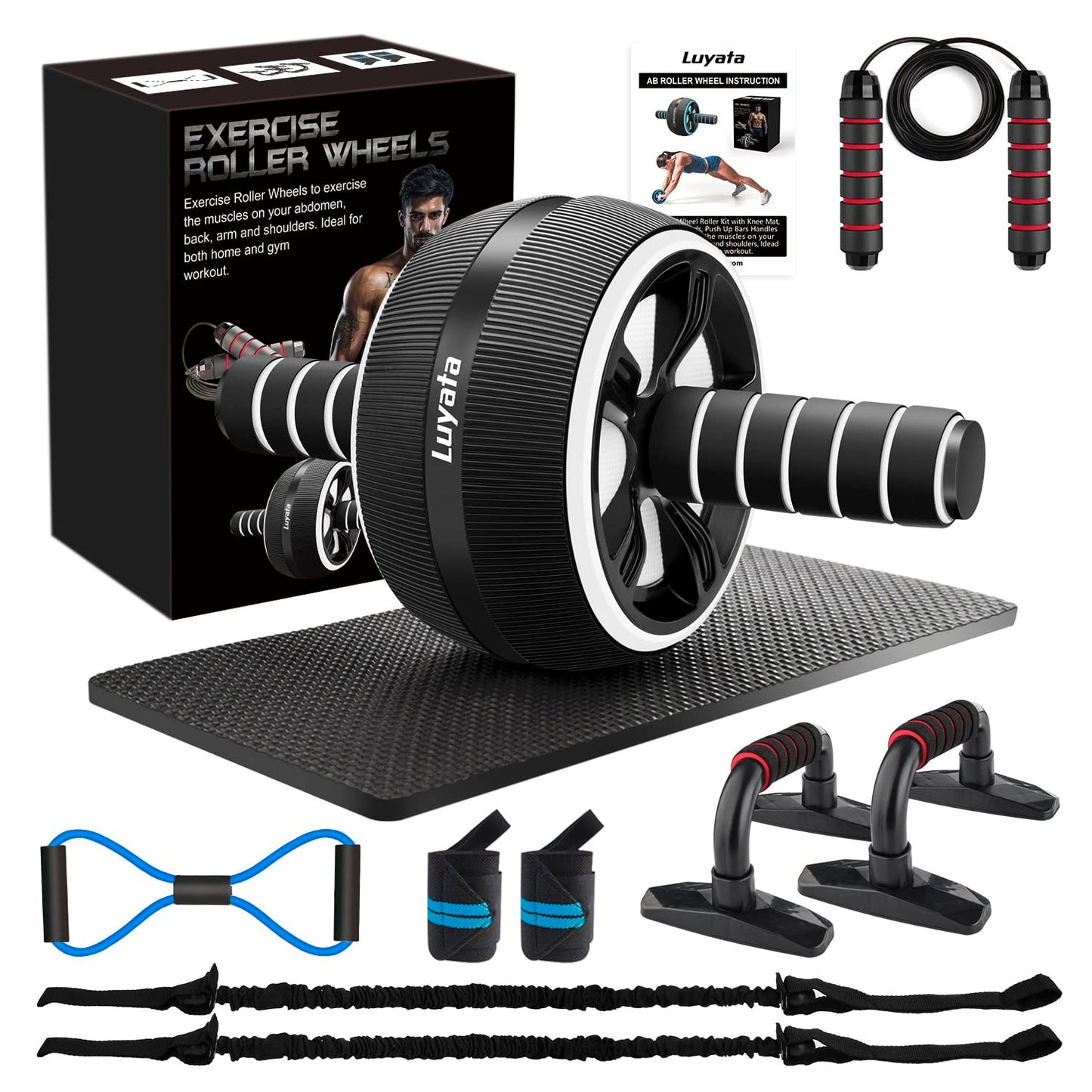 Ab Roller Wheel, 10-In-1 Ab Exercise Wheels Kit with Resistance Bands, Knee Mat, Jump Rope, Push-Up Bar - Home Gym Equipment for Men Women Core Strength & Abdominal Exercise (Black)