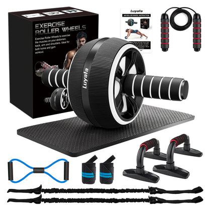 Ab Roller Wheel, 10-In-1 Ab Exercise Wheels Kit with Resistance Bands, Knee Mat, Jump Rope, Push-Up Bar - Home Gym Equipment for Men Women Core Strength & Abdominal Exercise (Black)