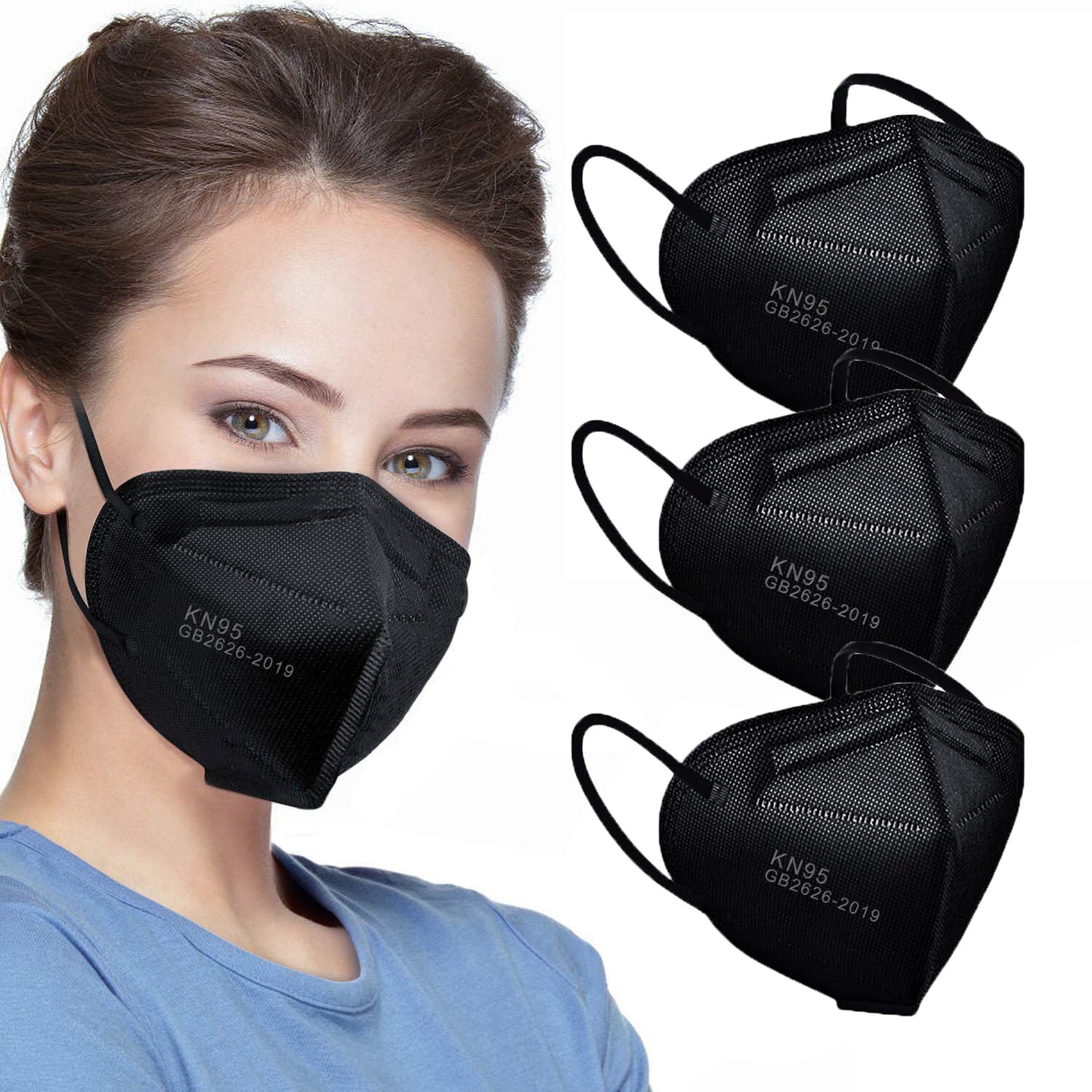 LEMENT 50pcs KN95 Face Mask Black 5 Layer Cup Dust Safety Masks Filter Efficiency≥95% Breathable Elastic Ear Loops Black Masks