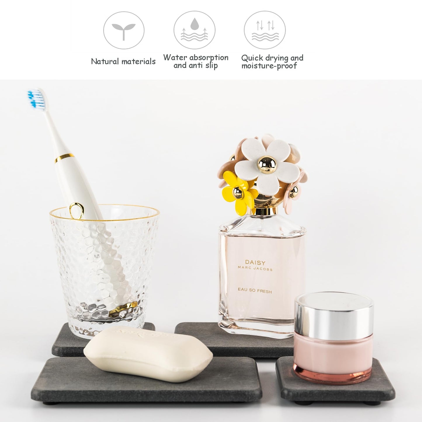 NiuYichee 2 Pcs Water Absorbing Stone Trays, Kitchen/Bathroom Sink Soap Dish, Diatomite Tray Used for Hand Soap & Cosmetic Bottles in The Modern Home, 3.15" W x 6.3" L, Dark Gray